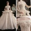 Vintage Champagne Genomskinliga Bröllopsklänningar 2020 Balklänning Hög Hals 3/4 ärm Appliqués Blomma Beading Glittriga / Glitter Tyll Cathedral Train Ruffle