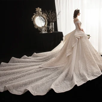 Luxury Gorgeous Champagne Wedding Dresses 2020 Ball Gown Off The Shoulder Short Sleeve Backless Beading Printing Glitter Flower Cathedral Train Ruffle