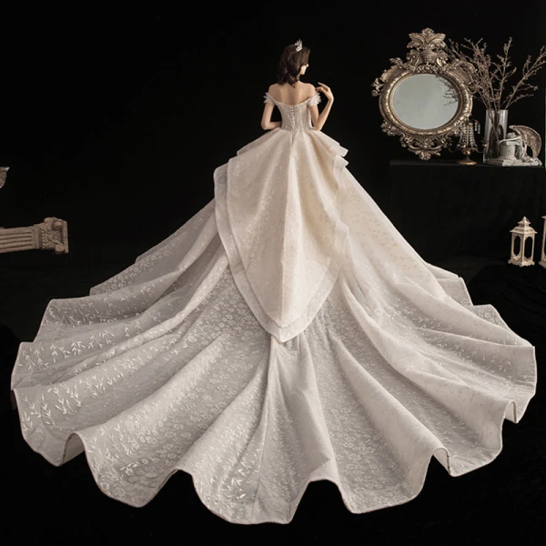 Luxury / Gorgeous Champagne Wedding Dresses 2020 Ball Gown Off-The-Shoulder Short Sleeve Backless Beading Printing Glitter Flower Cathedral Train Ruffle