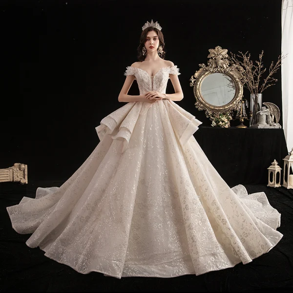 Luxury / Gorgeous Champagne Wedding Dresses 2020 Ball Gown Off-The-Shoulder Short Sleeve Backless Beading Printing Glitter Flower Cathedral Train Ruffle