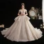 Luxury / Gorgeous Champagne Wedding Dresses 2020 Ball Gown Off-The-Shoulder Short Sleeve Backless Beading Printing Glitter Flower Cathedral Train Ruffle