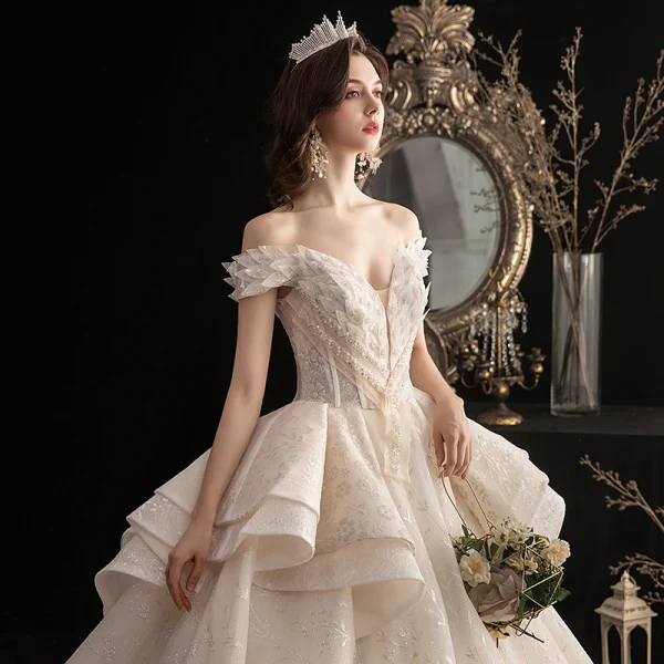 Luxury / Gorgeous Champagne Wedding Dresses 2020 Ball Gown Off-The-Shoulder Short Sleeve Backless Beading Printing Glitter Flower Cathedral Train Ruffle