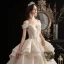 Luxury / Gorgeous Champagne Wedding Dresses 2020 Ball Gown Off-The-Shoulder Short Sleeve Backless Beading Printing Glitter Flower Cathedral Train Ruffle