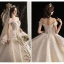 Luxury / Gorgeous Champagne Wedding Dresses 2020 Ball Gown Off-The-Shoulder Short Sleeve Backless Beading Printing Glitter Flower Cathedral Train Ruffle