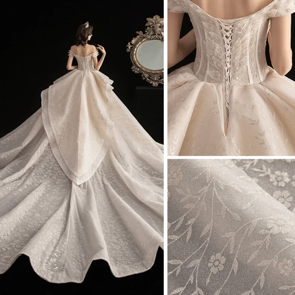 Luxury / Gorgeous Champagne Wedding Dresses 2020 Ball Gown Off-The-Shoulder Short Sleeve Backless Beading Printing Glitter Flower Cathedral Train Ruffle