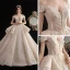 Luxury / Gorgeous Champagne Wedding Dresses 2020 Ball Gown Off-The-Shoulder Short Sleeve Backless Beading Printing Glitter Flower Cathedral Train Ruffle