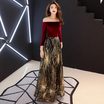 Chic Belle Bordeaux Robe De Soirée 2019 Princesse De L 039 Épaule Manches Longues Glitter Paillettes Longue Volants Dos Nu Robe De Ceremonie
