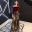 Chic / Belle Bordeaux Robe De Soirée 2019 Princesse De l'épaule Manches Longues Glitter Paillettes Longue Volants Dos Nu Robe De Ceremonie