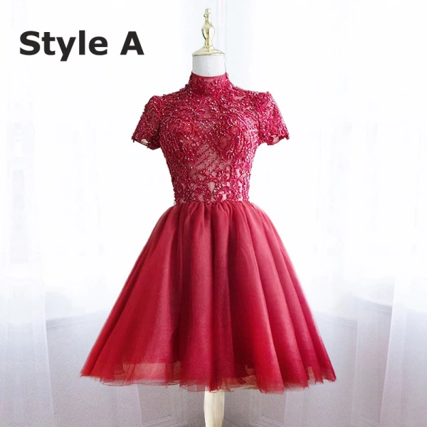 Illusion Burgundy Pierced Balklänningar 2018 Prinsessa Hög Hals Korta ärm Beading Halterneck Ruffle Formella Klänningar