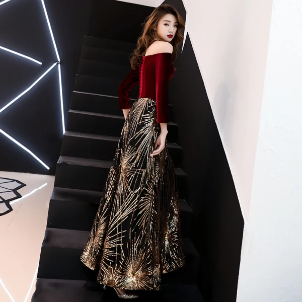 Chic / Belle Bordeaux Robe De Soirée 2019 Princesse De l'épaule Manches Longues Glitter Paillettes Longue Volants Dos Nu Robe De Ceremonie
