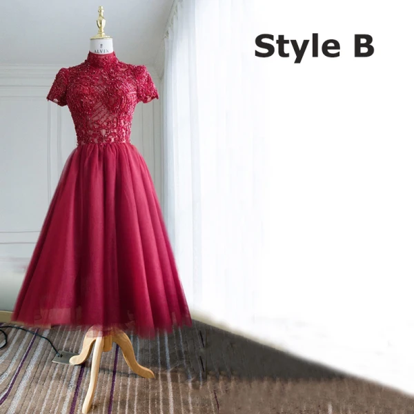 Illusion Burgundy Pierced Balklänningar 2018 Prinsessa Hög Hals Korta ärm Beading Halterneck Ruffle Formella Klänningar