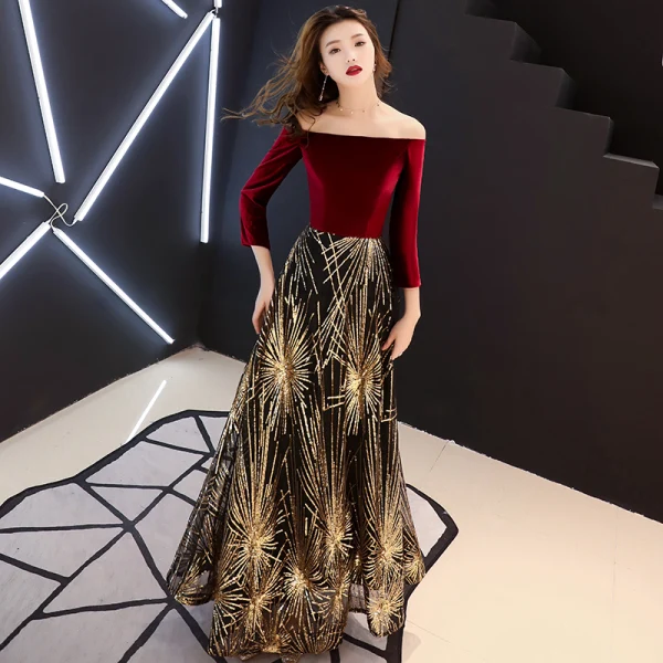 Chic / Belle Bordeaux Robe De Soirée 2019 Princesse De l'épaule Manches Longues Glitter Paillettes Longue Volants Dos Nu Robe De Ceremonie
