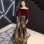 Chic / Belle Bordeaux Robe De Soirée 2019 Princesse De l'épaule Manches Longues Glitter Paillettes Longue Volants Dos Nu Robe De Ceremonie