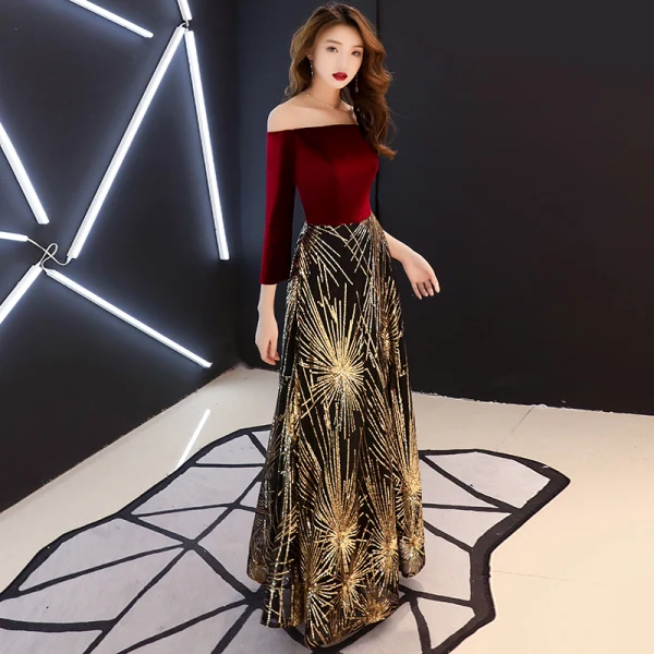 Chic / Belle Bordeaux Robe De Soirée 2019 Princesse De l'épaule Manches Longues Glitter Paillettes Longue Volants Dos Nu Robe De Ceremonie