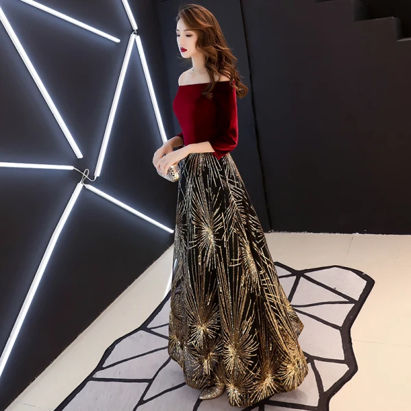 Chic / Belle Bordeaux Robe De Soirée 2019 Princesse De l'épaule Manches Longues Glitter Paillettes Longue Volants Dos Nu Robe De Ceremonie