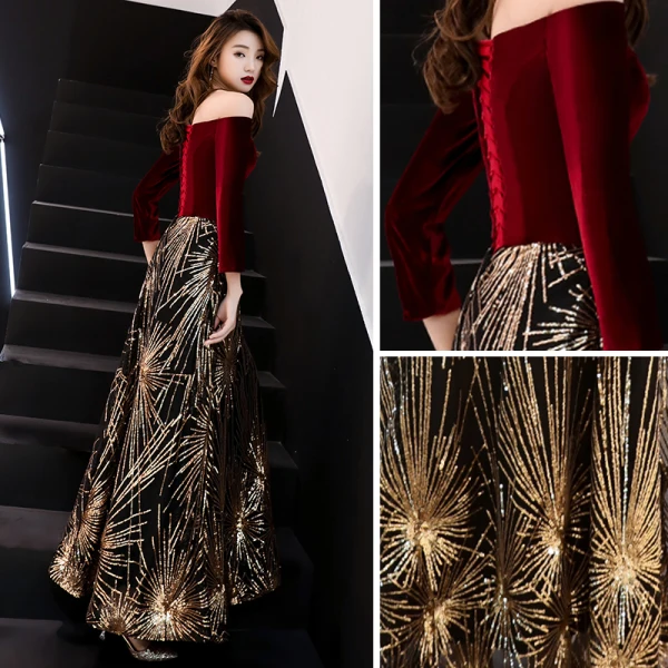 Chic / Belle Bordeaux Robe De Soirée 2019 Princesse De l'épaule Manches Longues Glitter Paillettes Longue Volants Dos Nu Robe De Ceremonie