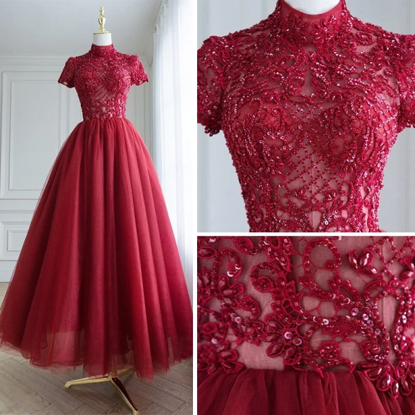 Illusion Burgundy Pierced Balklänningar 2018 Prinsessa Hög Hals Korta ärm Beading Halterneck Ruffle Formella Klänningar