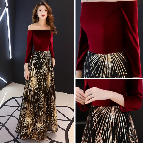 Chic / Belle Bordeaux Robe De Soirée 2019 Princesse De l'épaule Manches Longues Glitter Paillettes Longue Volants Dos Nu Robe De Ceremonie