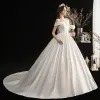 Modest / Simple Ivory Satin Bridal Wedding Dresses 2020 A-Line / Princess Off-The-Shoulder Short Sleeve Backless Sweep Train