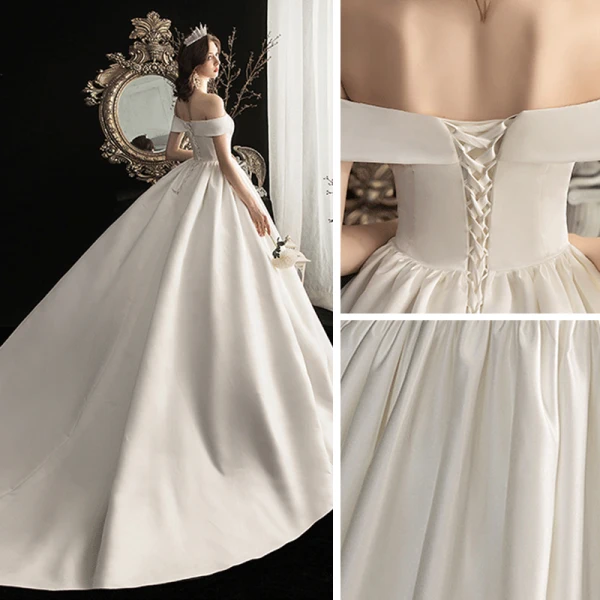 Simple Ivoire Satin La Mariée Robe De Mariée 2020 Princesse De l'épaule Manches Courtes Dos Nu Train De Balayage