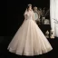 Chic / Beautiful Champagne Outdoor / Garden Wedding Dresses 2020 A-Line / Princess Scoop Neck Bow Short Sleeve Backless Beading Tassel Glitter Tulle Floor-Length / Long Ruffle