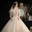 Chic / Beautiful Champagne Outdoor / Garden Wedding Dresses 2020 A-Line / Princess Scoop Neck Bow Short Sleeve Backless Beading Tassel Glitter Tulle Floor-Length / Long Ruffle