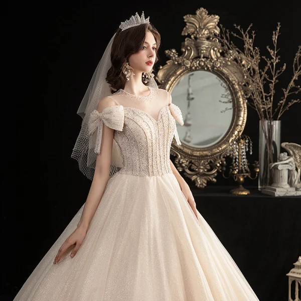 Chic / Beautiful Champagne Outdoor / Garden Wedding Dresses 2020 A-Line / Princess Scoop Neck Bow Short Sleeve Backless Beading Tassel Glitter Tulle Floor-Length / Long Ruffle