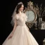 Chic / Beautiful Champagne Outdoor / Garden Wedding Dresses 2020 A-Line / Princess Scoop Neck Bow Short Sleeve Backless Beading Tassel Glitter Tulle Floor-Length / Long Ruffle