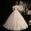 Chic / Beautiful Champagne Outdoor / Garden Wedding Dresses 2020 A-Line / Princess Scoop Neck Bow Short Sleeve Backless Beading Tassel Glitter Tulle Floor-Length / Long Ruffle