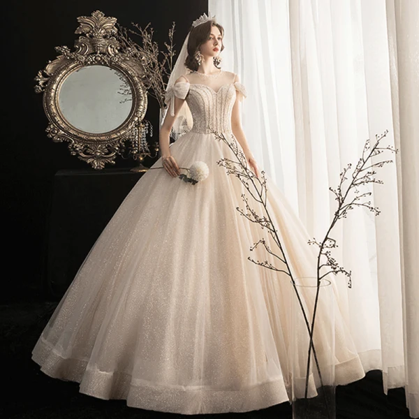 Chic / Beautiful Champagne Outdoor / Garden Wedding Dresses 2020 A-Line / Princess Scoop Neck Bow Short Sleeve Backless Beading Tassel Glitter Tulle Floor-Length / Long Ruffle