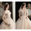 Chic / Beautiful Champagne Outdoor / Garden Wedding Dresses 2020 A-Line / Princess Scoop Neck Bow Short Sleeve Backless Beading Tassel Glitter Tulle Floor-Length / Long Ruffle