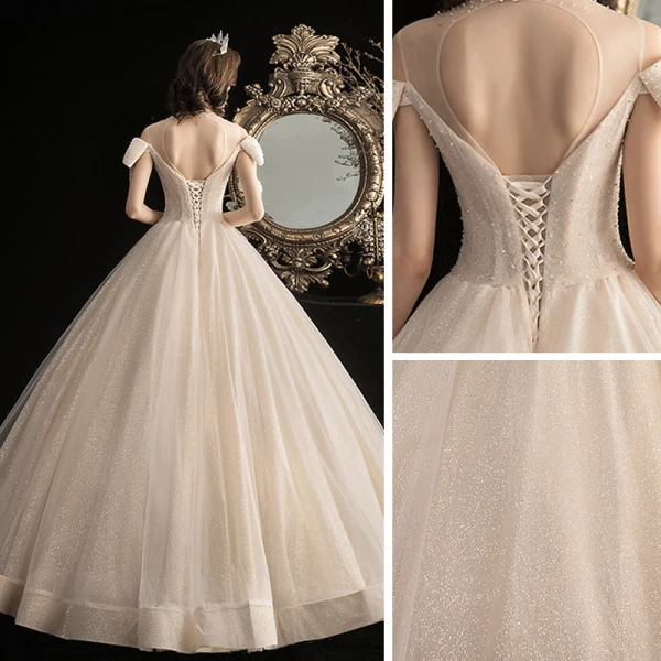 Chic / Beautiful Champagne Outdoor / Garden Wedding Dresses 2020 A-Line / Princess Scoop Neck Bow Short Sleeve Backless Beading Tassel Glitter Tulle Floor-Length / Long Ruffle