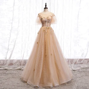 Chic Belle Champagne Doré Robe De Soirée 2020 Princesse Transparentes Encolure Dégagée Manches Courtes Manches De Cloche Étoile Appliques En Dentelle Paillettes Glitter Tulle