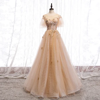 Chic Belle Champagne Doré Robe De Soirée 2020 Princesse Transparentes Encolure Dégagée Manches Courtes Manches De Cloche Étoile Appliques En Dentelle Paillettes Glitter Tulle