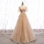 Chic / Beautiful Champagne Gold Evening Dresses  2020 A-Line / Princess See-through Scoop Neck Short Sleeve Bell sleeves Star Appliques Lace Sequins Glitter Tulle