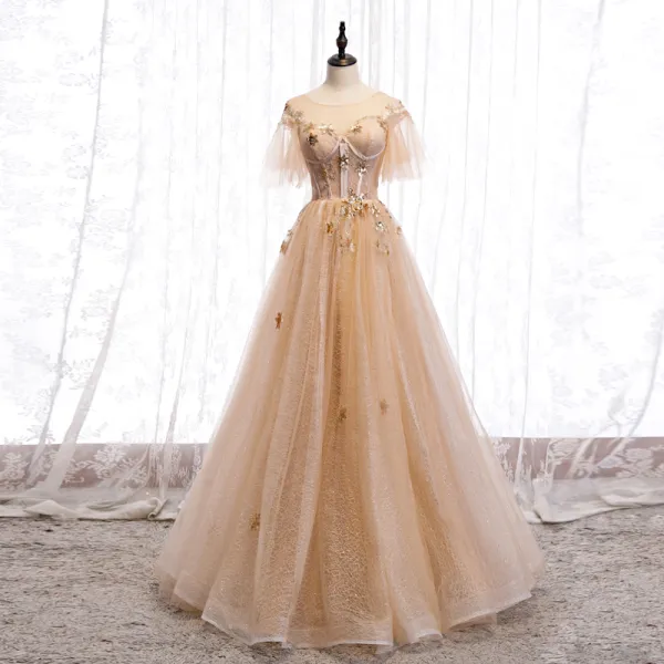Chic / Beautiful Champagne Gold Evening Dresses  2020 A-Line / Princess See-through Scoop Neck Short Sleeve Bell sleeves Star Appliques Lace Sequins Glitter Tulle