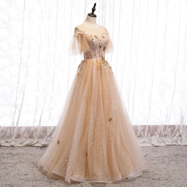 Chic / Beautiful Champagne Gold Evening Dresses  2020 A-Line / Princess See-through Scoop Neck Short Sleeve Bell sleeves Star Appliques Lace Sequins Glitter Tulle