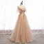 Chic / Beautiful Champagne Gold Evening Dresses  2020 A-Line / Princess See-through Scoop Neck Short Sleeve Bell sleeves Star Appliques Lace Sequins Glitter Tulle