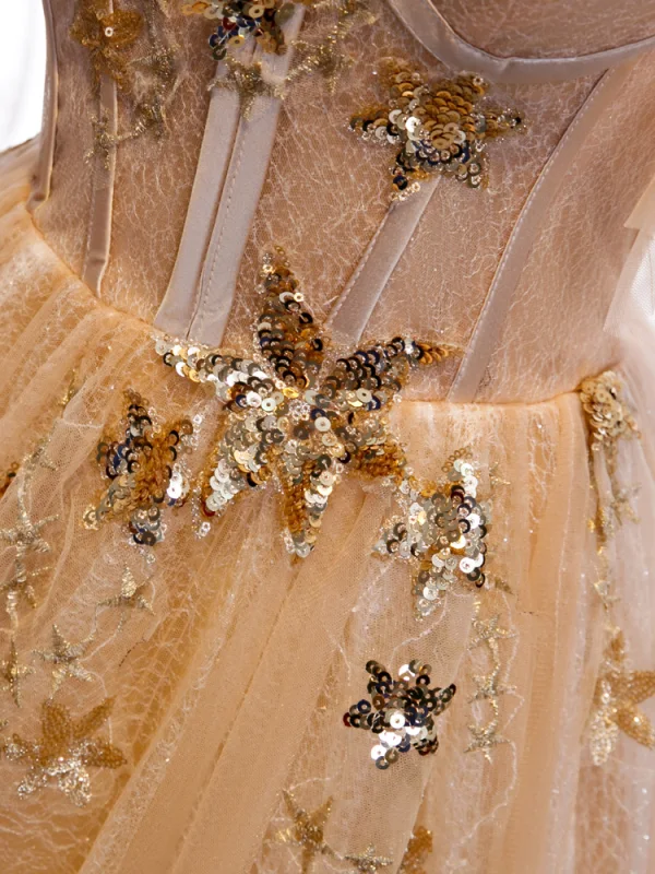 Chic / Beautiful Champagne Gold Evening Dresses  2020 A-Line / Princess See-through Scoop Neck Short Sleeve Bell sleeves Star Appliques Lace Sequins Glitter Tulle