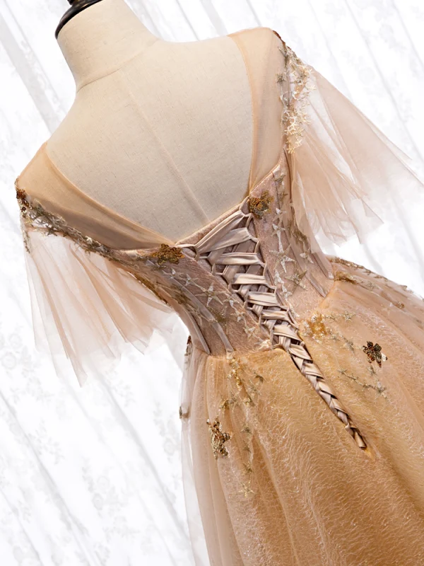 Chic / Beautiful Champagne Gold Evening Dresses  2020 A-Line / Princess See-through Scoop Neck Short Sleeve Bell sleeves Star Appliques Lace Sequins Glitter Tulle