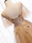 Chic / Beautiful Champagne Gold Evening Dresses  2020 A-Line / Princess See-through Scoop Neck Short Sleeve Bell sleeves Star Appliques Lace Sequins Glitter Tulle