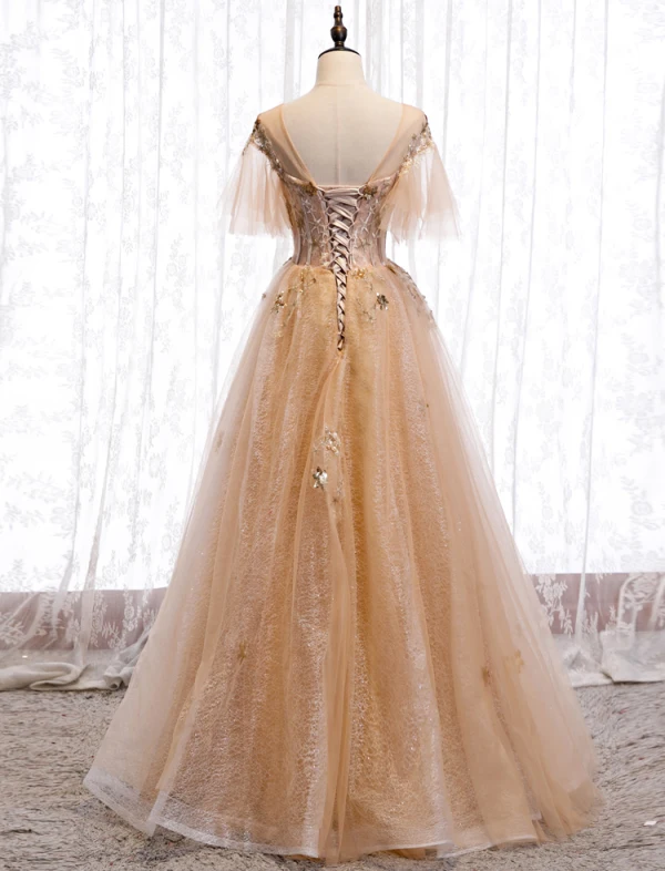Chic / Beautiful Champagne Gold Evening Dresses  2020 A-Line / Princess See-through Scoop Neck Short Sleeve Bell sleeves Star Appliques Lace Sequins Glitter Tulle