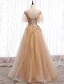 Chic / Beautiful Champagne Gold Evening Dresses  2020 A-Line / Princess See-through Scoop Neck Short Sleeve Bell sleeves Star Appliques Lace Sequins Glitter Tulle