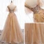 Chic / Beautiful Champagne Gold Evening Dresses  2020 A-Line / Princess See-through Scoop Neck Short Sleeve Bell sleeves Star Appliques Lace Sequins Glitter Tulle