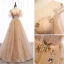 Chic / Beautiful Champagne Gold Evening Dresses  2020 A-Line / Princess See-through Scoop Neck Short Sleeve Bell sleeves Star Appliques Lace Sequins Glitter Tulle