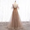 Chic / Beautiful Brown Evening Dresses  2020 A-Line / Princess Spaghetti Straps Short Sleeve Beading Glitter Tulle Floor-Length / Long Ruffle Backless Formal Dresses