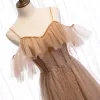Chic / Beautiful Brown Evening Dresses  2020 A-Line / Princess Spaghetti Straps Short Sleeve Beading Glitter Tulle Floor-Length / Long Ruffle Backless Formal Dresses