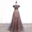 Chic / Beautiful Grape Champagne Evening Dresses  2020 A-Line / Princess Off-The-Shoulder Short Sleeve Beading Glitter Tulle Floor-Length / Long Ruffle Backless Formal Dresses