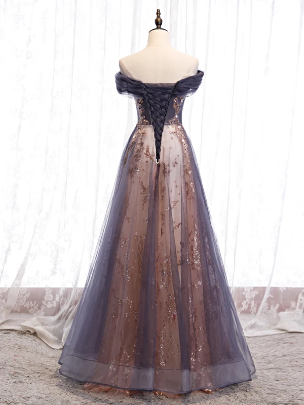 Chic / Beautiful Grape Champagne Evening Dresses  2020 A-Line / Princess Off-The-Shoulder Short Sleeve Beading Glitter Tulle Floor-Length / Long Ruffle Backless Formal Dresses