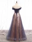 Chic / Beautiful Grape Champagne Evening Dresses  2020 A-Line / Princess Off-The-Shoulder Short Sleeve Beading Glitter Tulle Floor-Length / Long Ruffle Backless Formal Dresses